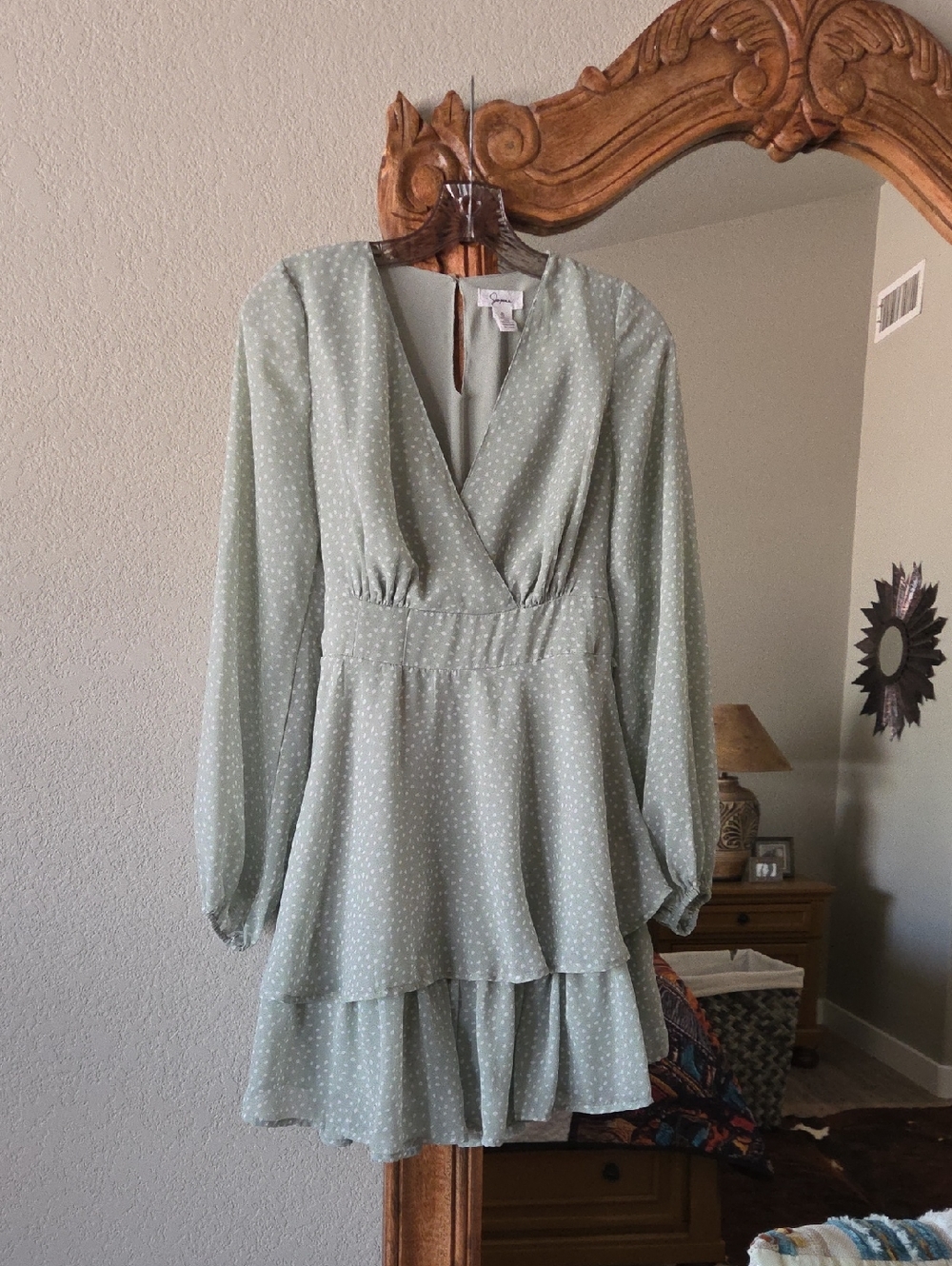 Japna NWOT Light Sage Green Polka Dot Tiered Long-Sleeve Dress